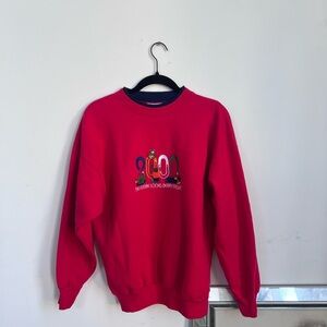 Vintage Red Crewneck Sweater with Colorful Design